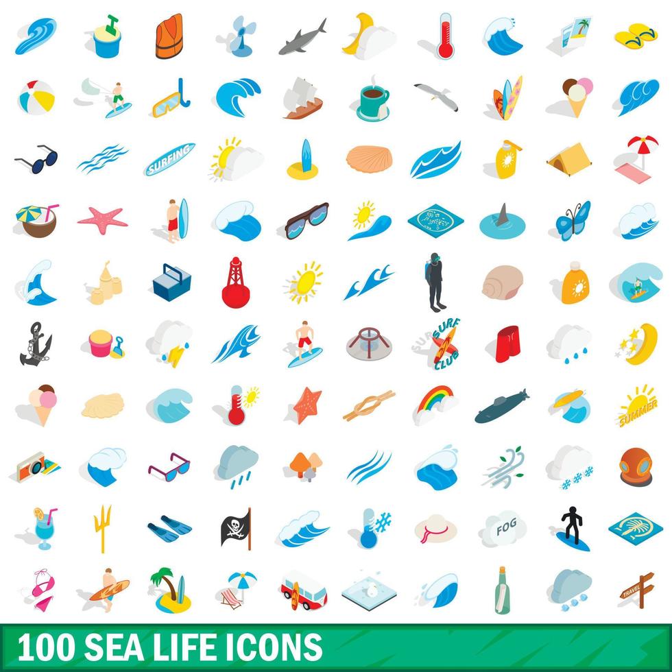 Ensemble de 100 icônes de la vie marine, style 3d isométrique vecteur