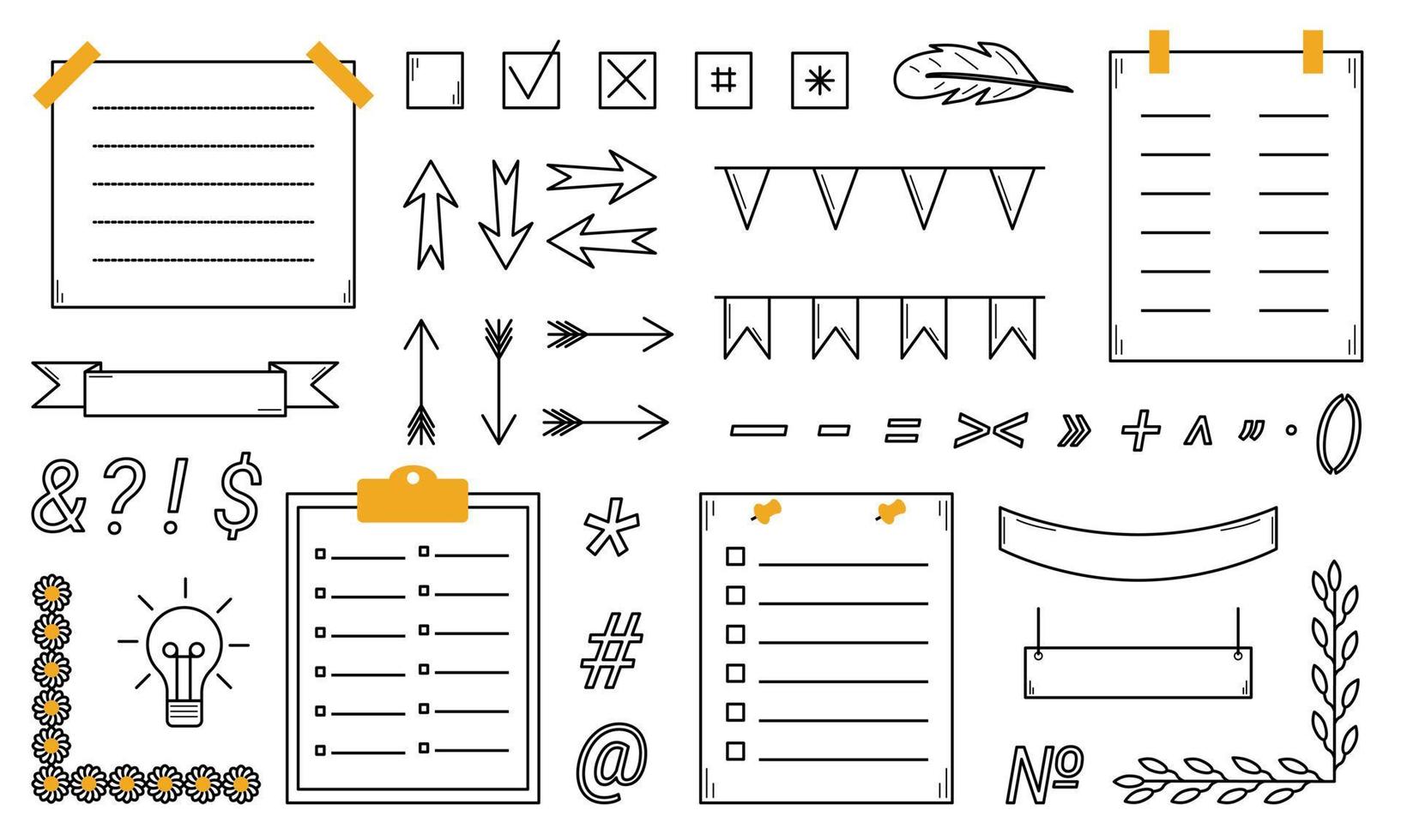 éléments dessinés à la main du bullet journal. planification, rappels, organisateur. style de griffonnage. esquisser. illustration vectorielle vecteur