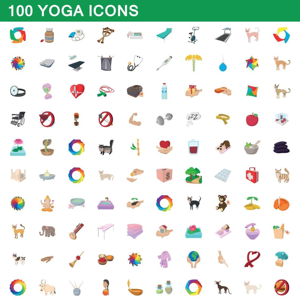 Ensemble de 100 icônes de yoga, style cartoon vecteur
