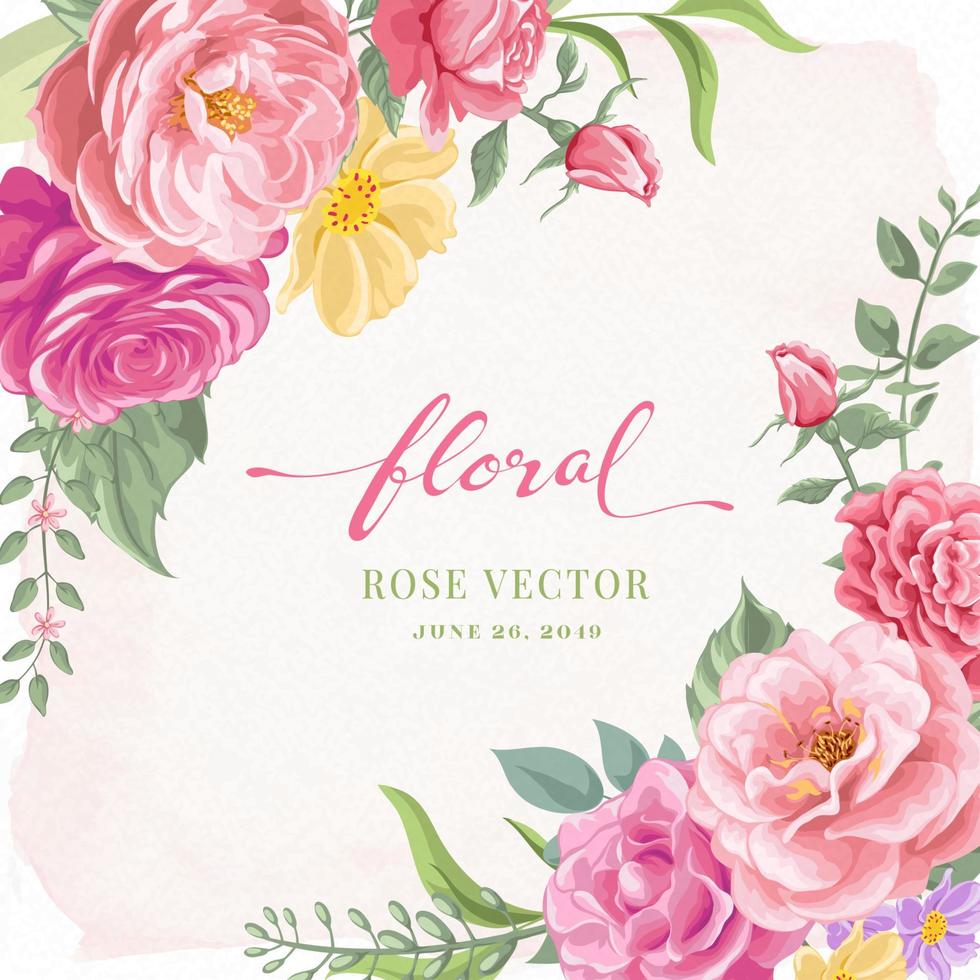 fleur rose et illustration peinte numérique de feuille botanique vecteur