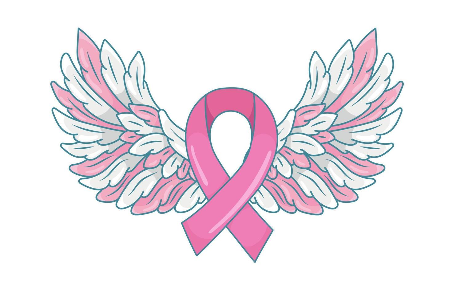 ruban rose avec des ailes d'ange déployées comme symbole d'espoir et de soutien. illustration du mois de sensibilisation au cancer du sein. vecteur isolé sur blanc