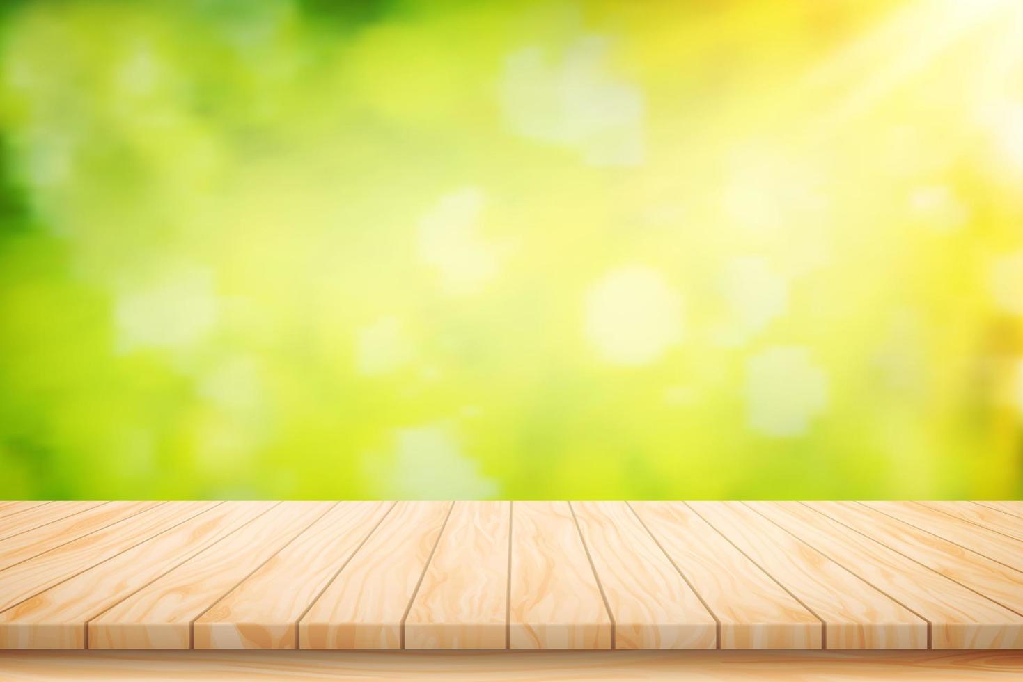 illustration peinte vecteur plancher de table en bois et belle feuille verte naturelle abstrait flou fond clair bokeh