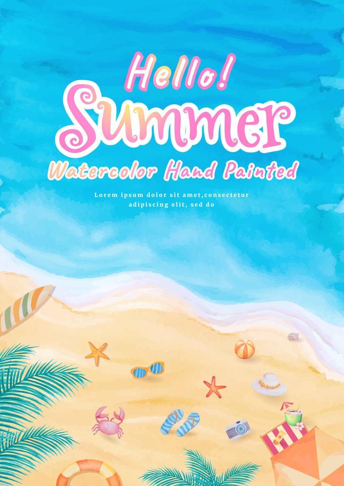 vue de dessus sur la plage vagues de l'océan mer avec planche de surf, parapluie, ballon, anneau de bain, lunettes de soleil, chapeau, sandale, étoile de mer en vacances d'été voyage de tourisme tropical. aquarelle peinte à la main vecteur
