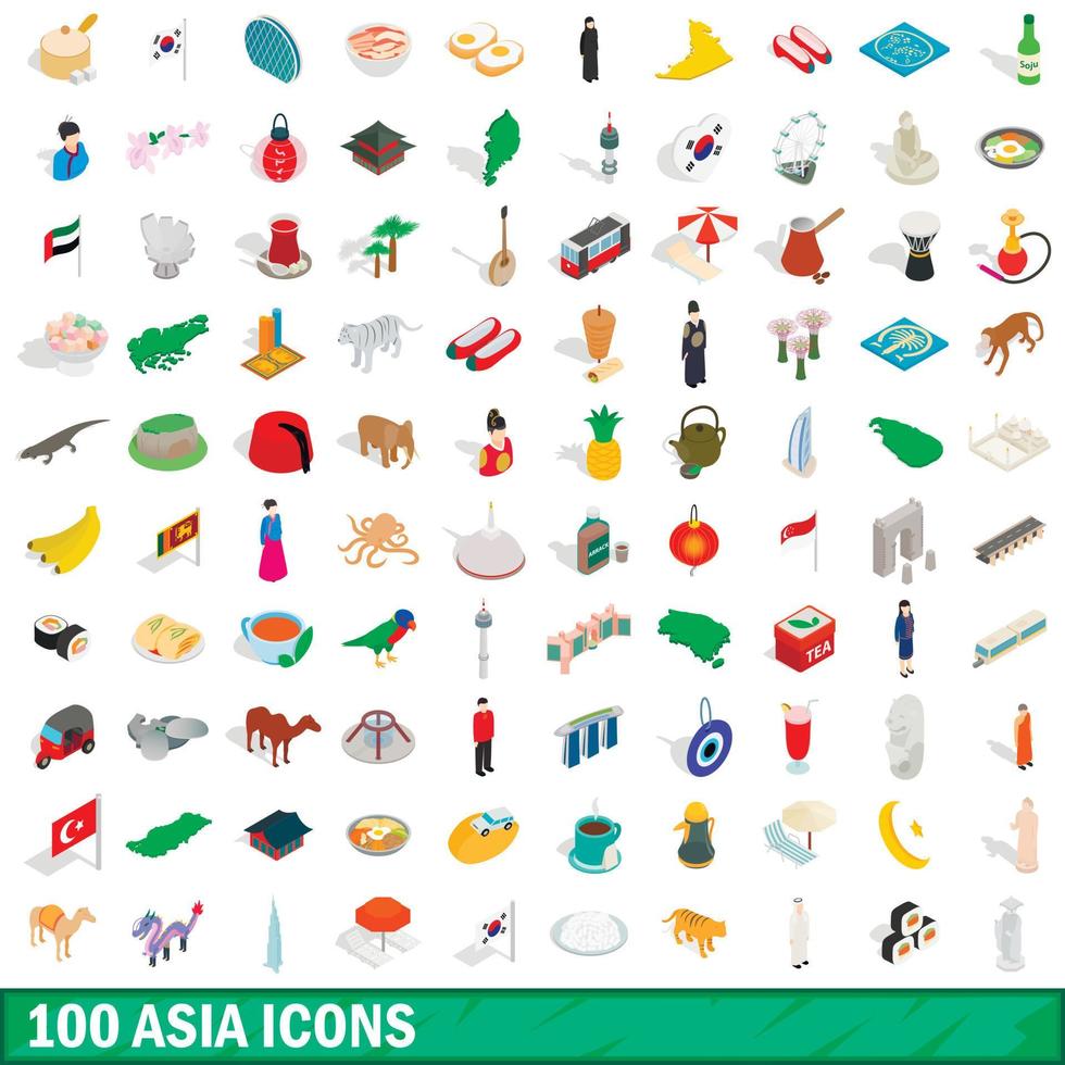 Ensemble de 100 icônes d'asie, style 3d isométrique vecteur
