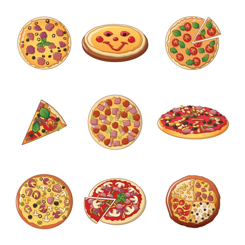 jeu d'icônes de pizza, style cartoon vecteur