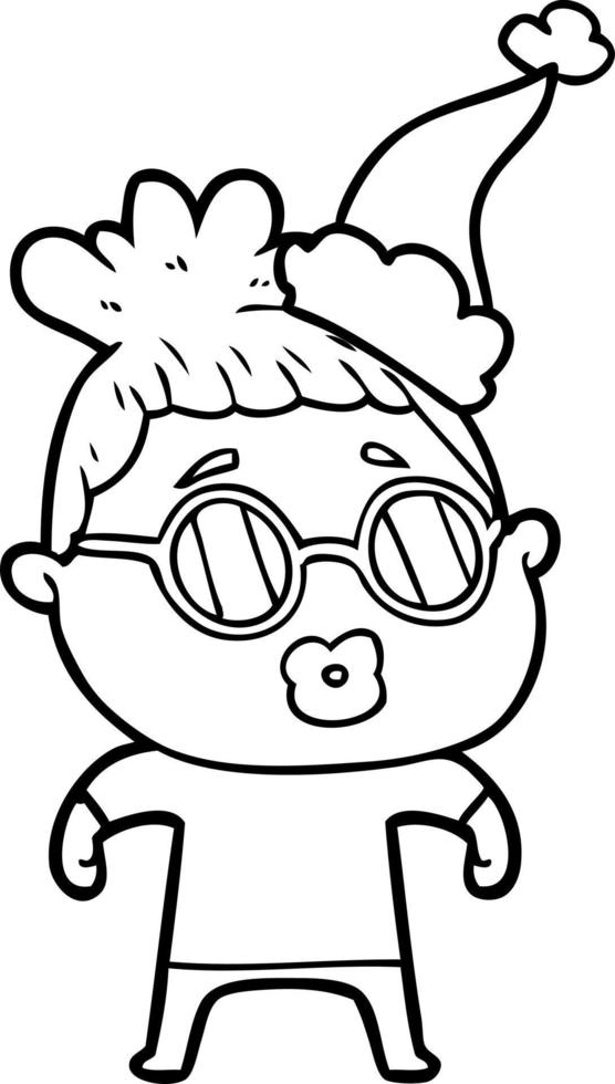 dessin au trait d'une femme portant des lunettes portant un bonnet de noel vecteur