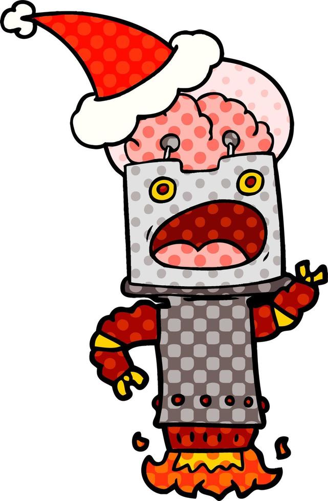 illustration de style bande dessinée d'un robot portant un bonnet de noel vecteur