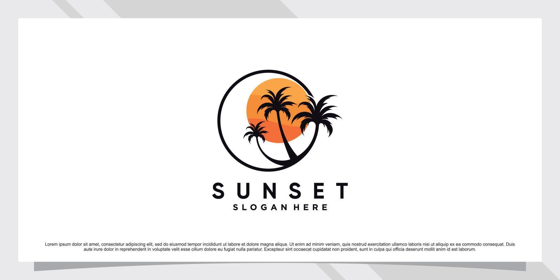 modèle de conception de logo coucher de soleil avec palmier et élément créatif vecteur premium