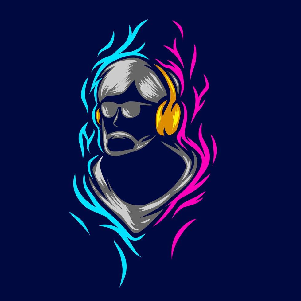 music man gamer ligne pop art potrait logo design coloré avec un fond sombre. illustration vectorielle abstraite. fond noir isolé pour t-shirt, affiche, vêtements, merch, vêtements, conception de badges vecteur