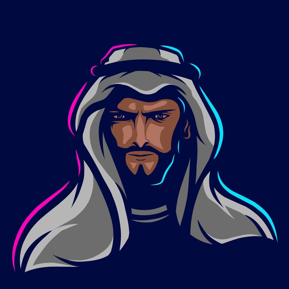 L'homme arabe ligne vectorielle logo néon art potrait design coloré avec un fond sombre. illustration graphique abstraite. fond noir isolé pour t-shirt vecteur