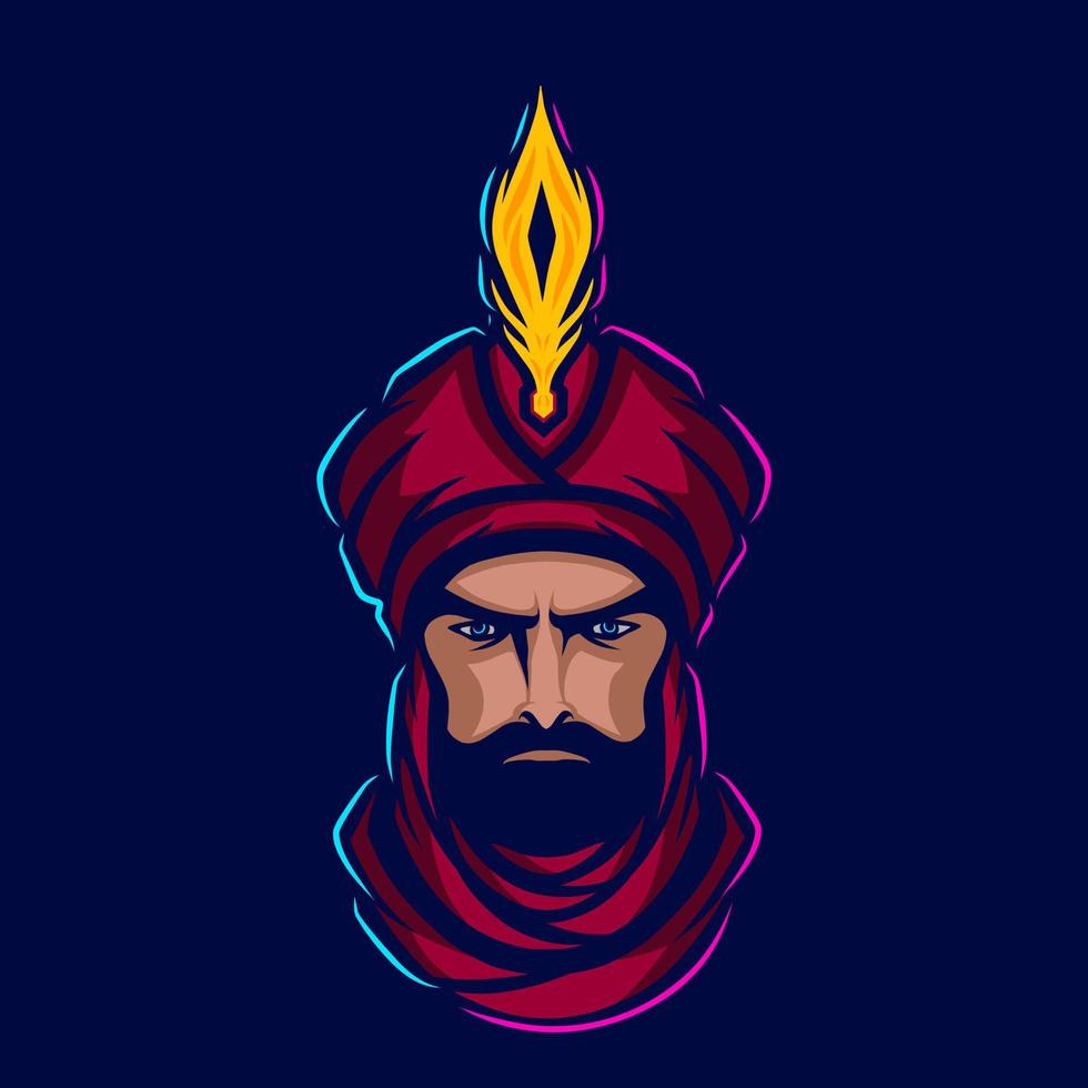 sultan arabian king logo ligne vectorielle néon art potrait design coloré avec fond sombre. illustration graphique abstraite. fond noir isolé pour t-shirt vecteur