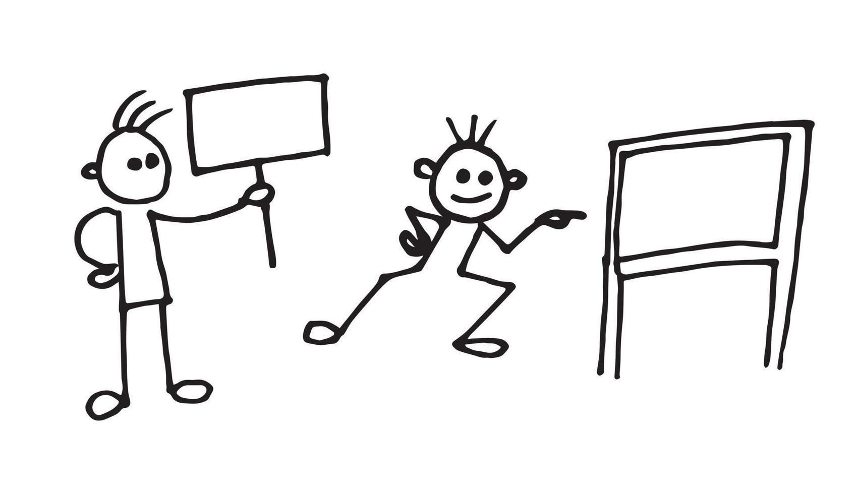 illustration dessinée à la main d'une personne tenant une pancarte et pointant vers un doodle de signalisation vecteur