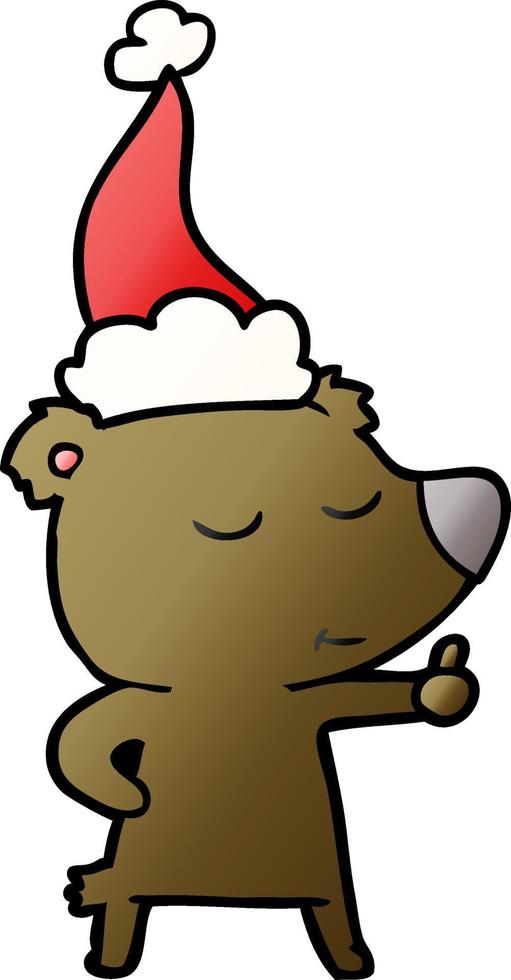 dessin animé dégradé heureux d'un ours donnant les pouces vers le haut portant un bonnet de noel vecteur