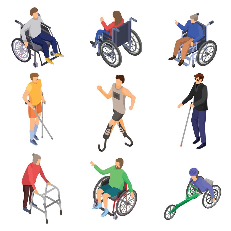 jeu d'icônes de personnes handicapées de jour, style isométrique vecteur