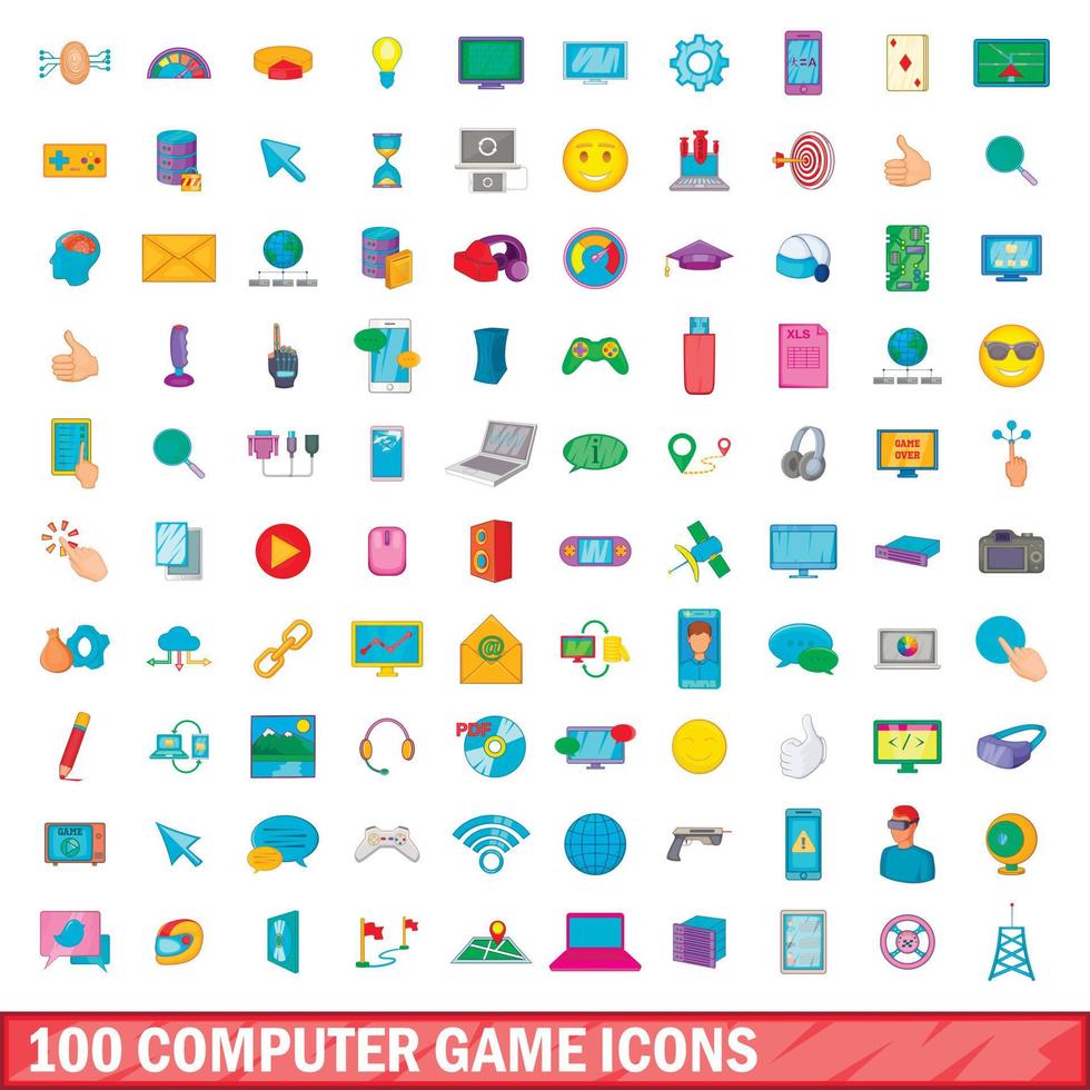 Jeu de 100 icônes de jeu d'ordinateur, style cartoon vecteur