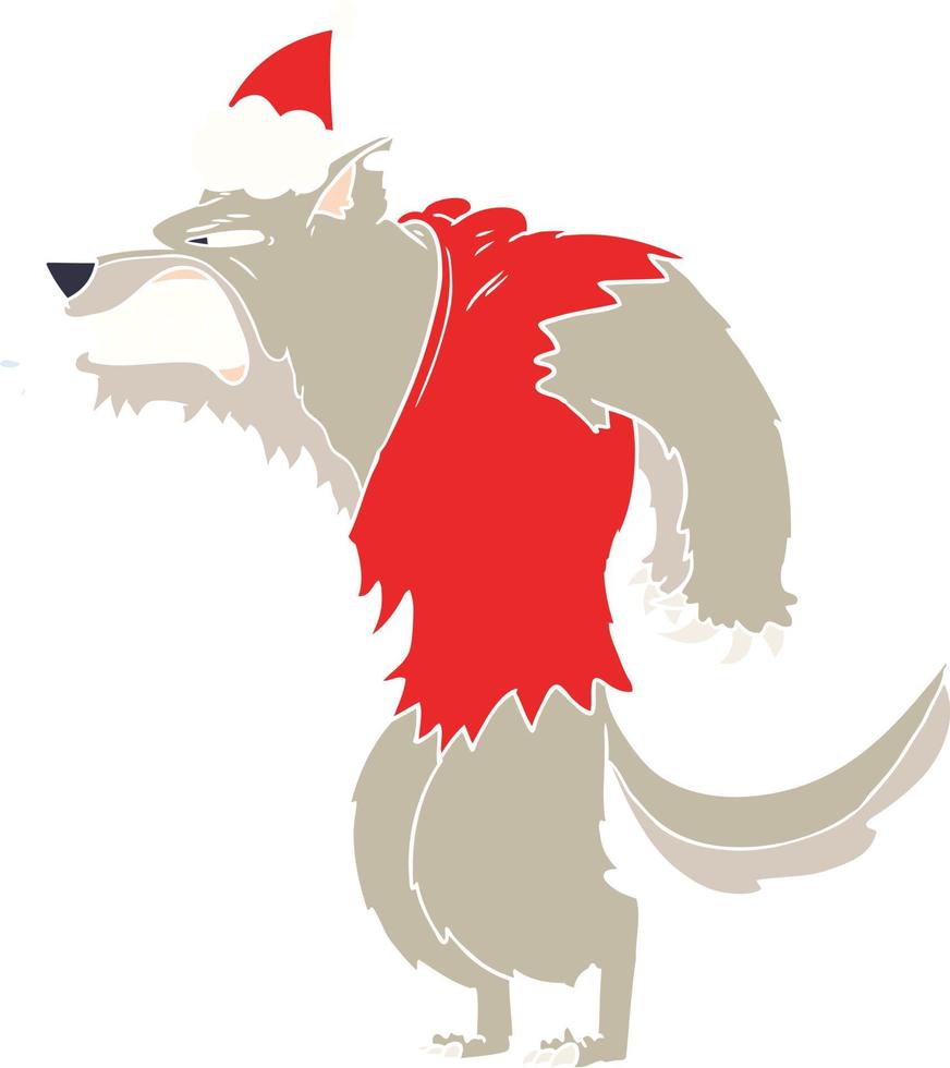 loup-garou en colère illustration couleur plate d'un bonnet de noel vecteur