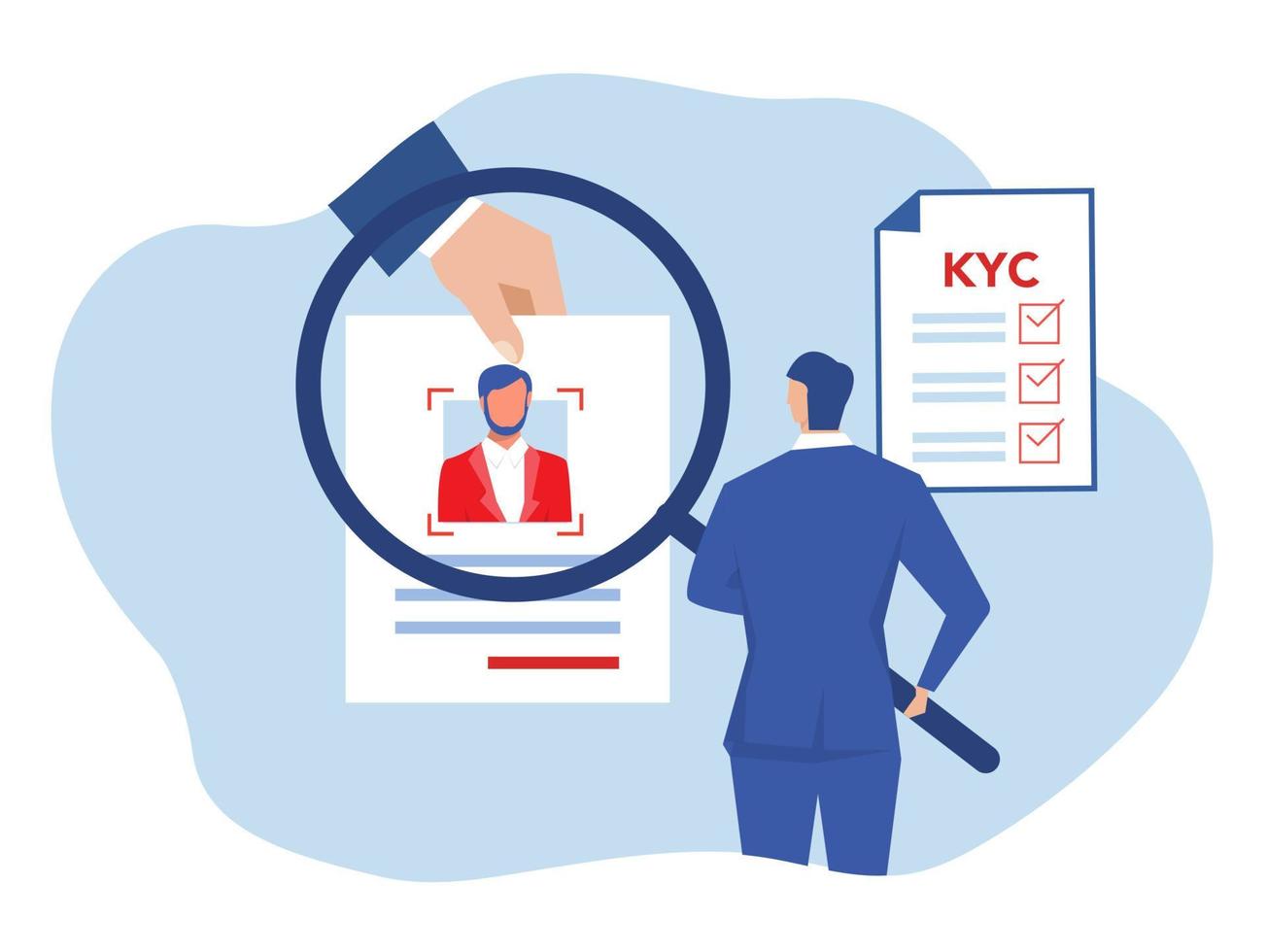 kyc ou connaissez votre client avec entreprise vérifiant l'identité de son concept de clients chez les futurs partenaires grâce à un illustrateur de vecteur en forme de loupe