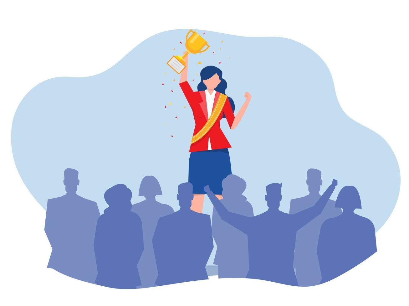 femme d'affaires heureuse avec la victoire recevoir la coupe du trophée d'or, groupe de personnes réussies concept vectoriel