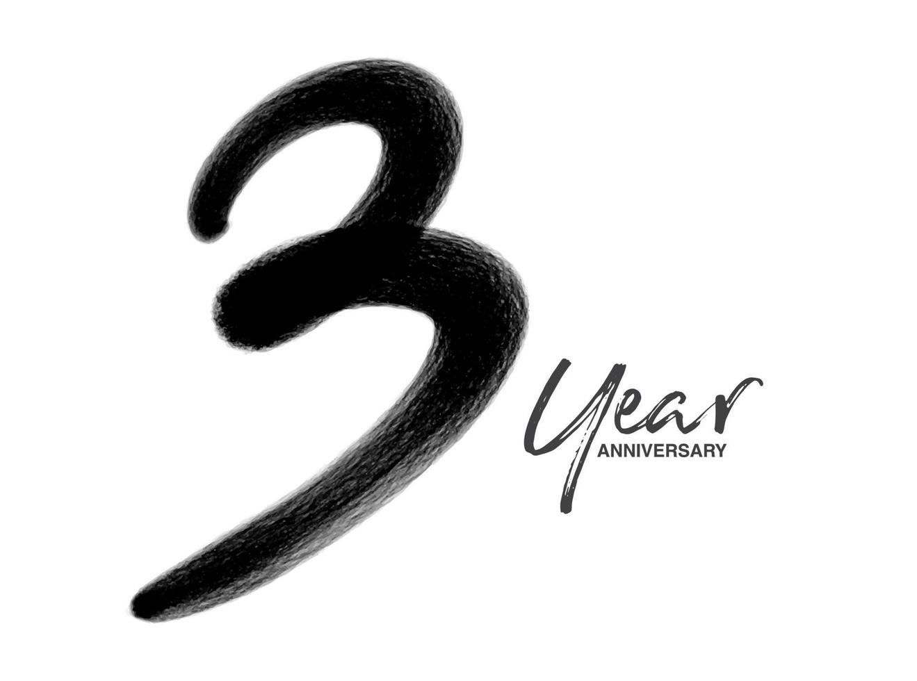 Modèle vectoriel de célébration d'anniversaire de 3 ans, création de logo de 3 ans, 3e anniversaire, numéros de lettrage noir dessin au pinceau croquis dessiné à la main, illustration vectorielle de numéro de conception de logo