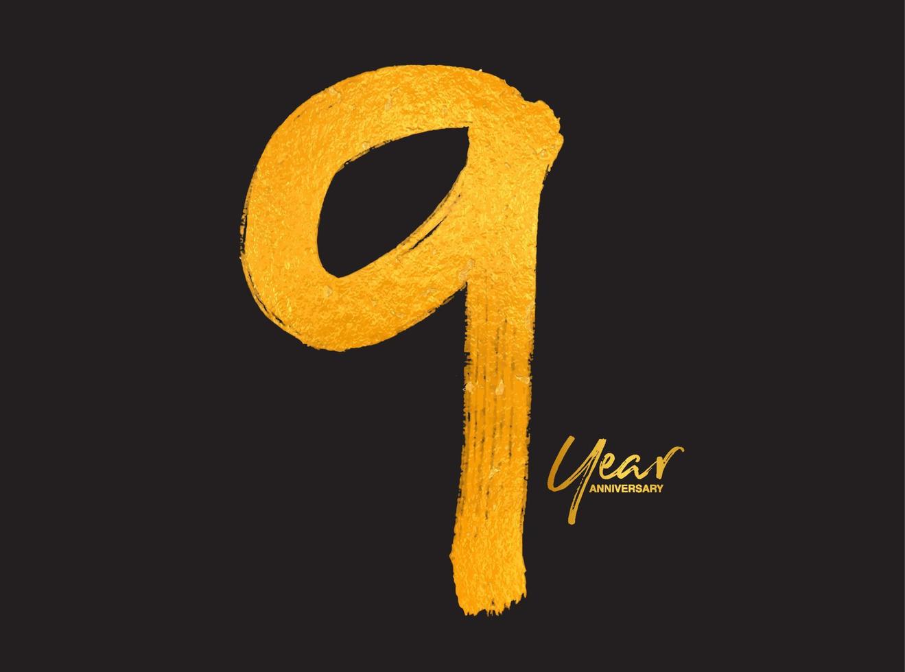 modèle vectoriel de célébration d'anniversaire de 9 ans d'or, création de logo de 9 ans, 9e anniversaire, numéros de lettrage d'or dessin au pinceau croquis dessiné à la main, illustration vectorielle de numéro de conception de logo