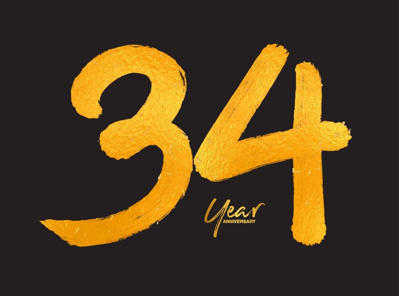 modèle vectoriel de célébration d'anniversaire de 34 ans d'or, création de logo de 34 ans, 34e anniversaire, numéros de lettrage d'or brosse dessin croquis dessiné à la main, illustration vectorielle de numéro de conception de logo