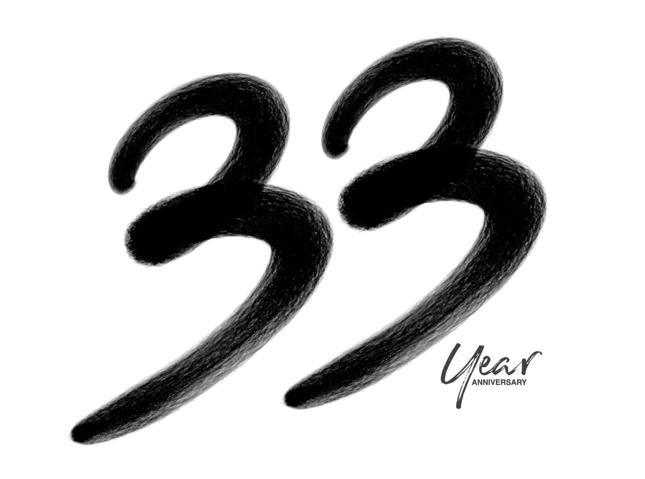 Modèle de vecteur de célébration d'anniversaire de 33 ans, création de logo de 33 ans, 33e anniversaire, numéros de lettrage noir brosse dessin croquis dessiné à la main, illustration vectorielle de conception de logo de numéro