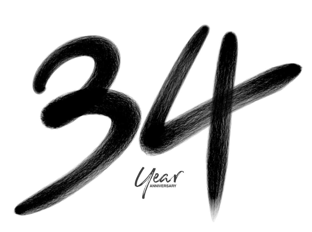 Modèle de vecteur de célébration d'anniversaire de 34 ans, création de logo de 34 ans, 34e anniversaire, numéros de lettrage noir brosse dessin croquis dessiné à la main, illustration vectorielle de numéro de conception de logo