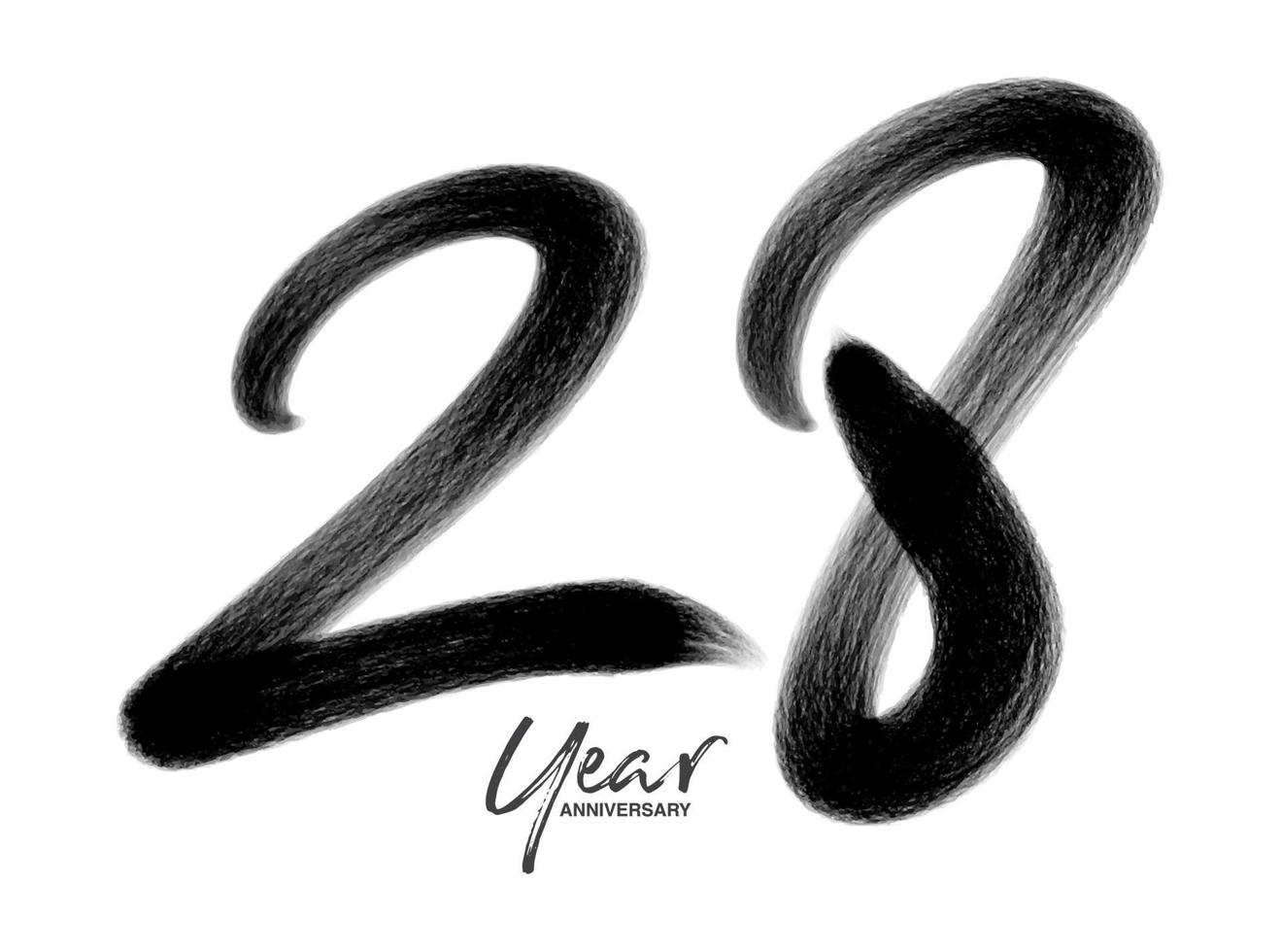Modèle vectoriel de célébration d'anniversaire de 28 ans, création de logo de 28 ans, 28e anniversaire, numéros de lettrage noir dessin au pinceau croquis dessiné à la main, illustration vectorielle de numéro de conception de logo