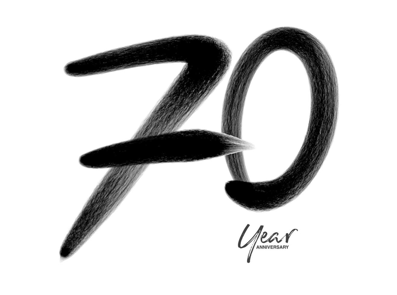 Modèle de vecteur de célébration d'anniversaire de 70 ans, création de logo de 70 ans, 70e anniversaire, numéros de lettrage noir dessin au pinceau croquis dessiné à la main, illustration vectorielle de numéro de conception de logo