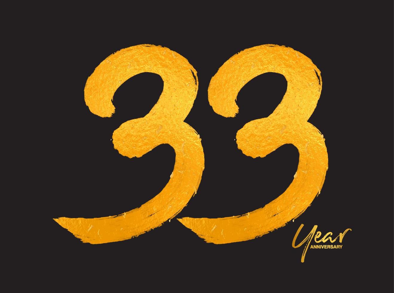 modèle vectoriel de célébration d'anniversaire de 33 ans d'or, création de logo de 33 ans, 33e anniversaire, numéros de lettrage d'or brosse dessin croquis dessiné à la main, illustration vectorielle de numéro de conception de logo