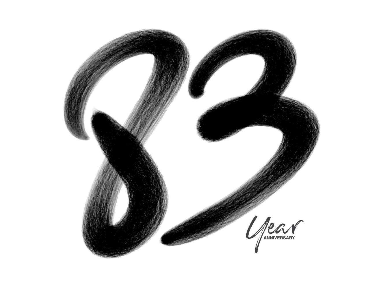 Modèle vectoriel de célébration d'anniversaire de 83 ans, création de logo de 83 ans, 83e anniversaire, numéros de lettrage noir dessin au pinceau croquis dessiné à la main, illustration vectorielle de numéro de conception de logo