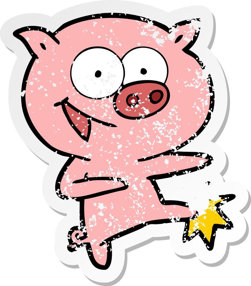 autocollant en détresse d'un joyeux dessin animé de cochon dansant vecteur