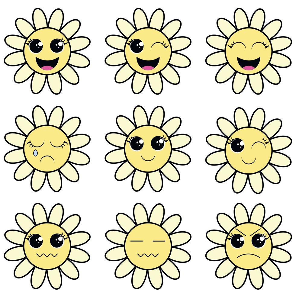 motif coloré sans couture dans un style géométrique avec des petites fleurs. impression vectorielle groovy et amusante avec des visages souriants dans des fleurs de camomille, style dessin animé. esthétique rétro et hippie, amour et paix vecteur