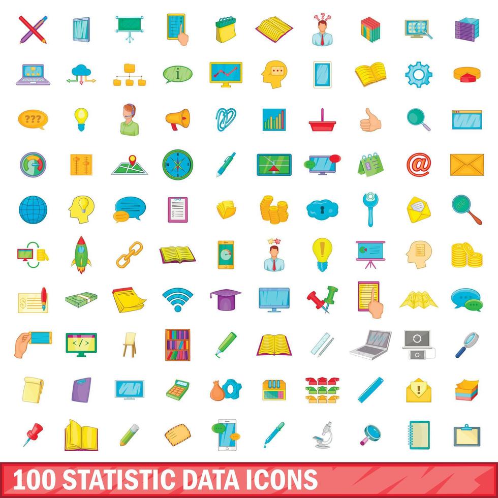 Ensemble de 100 icônes de données statistiques, style cartoon vecteur