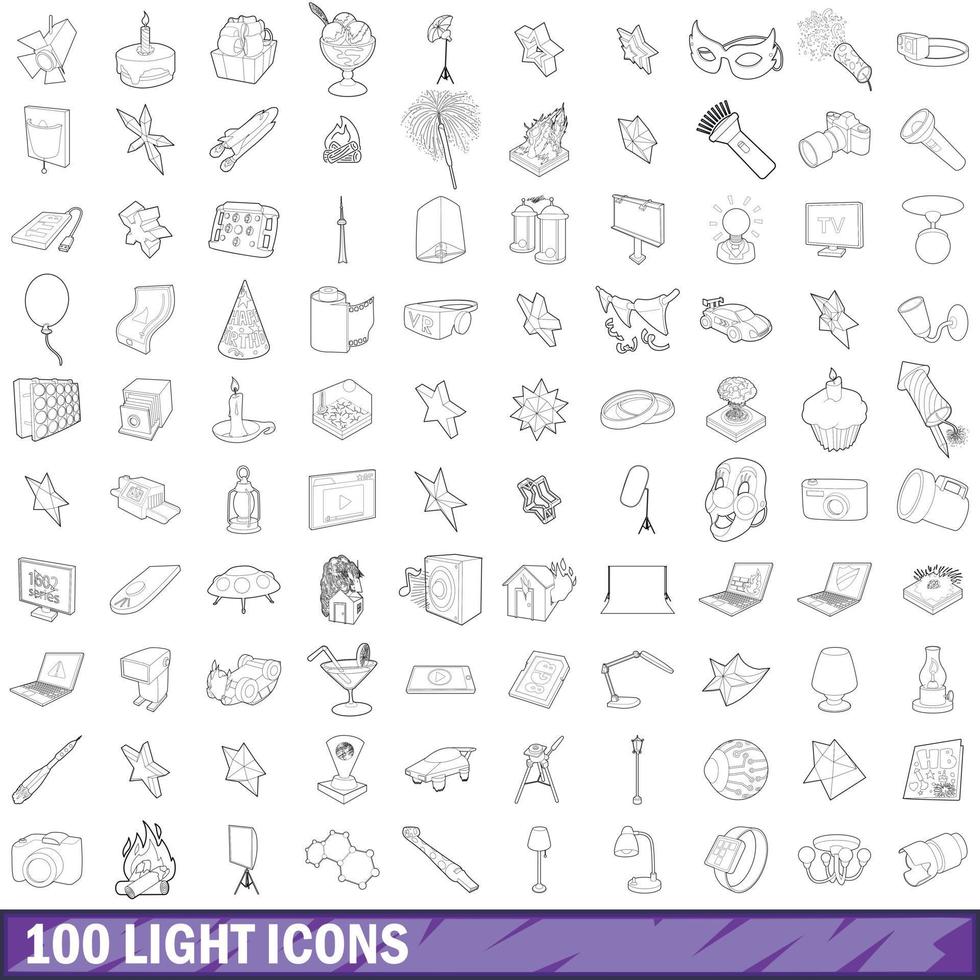 Ensemble de 100 icônes lumineuses, style de contour vecteur