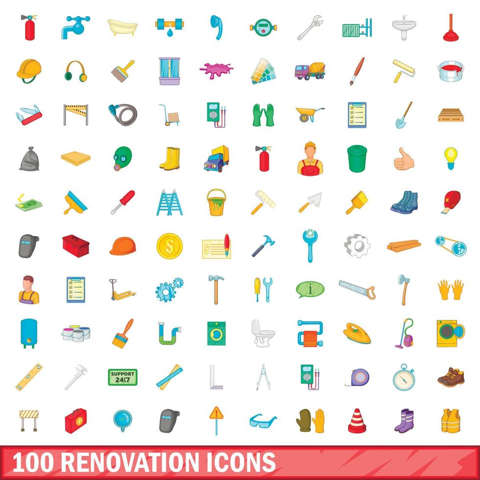 Ensemble de 100 icônes de rénovation, style dessin animé vecteur