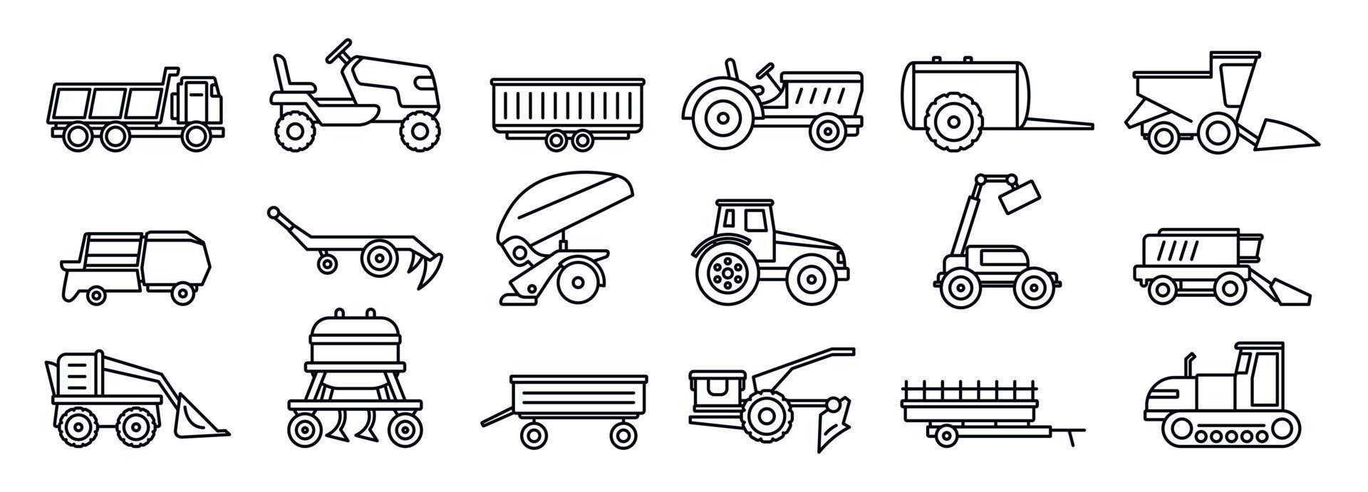 ensemble d'icônes d'équipement de machines agricoles, style de contour vecteur