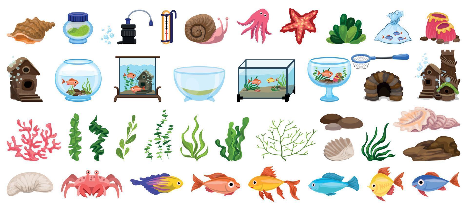 jeu d'icônes d'aquarium, style dessin animé vecteur