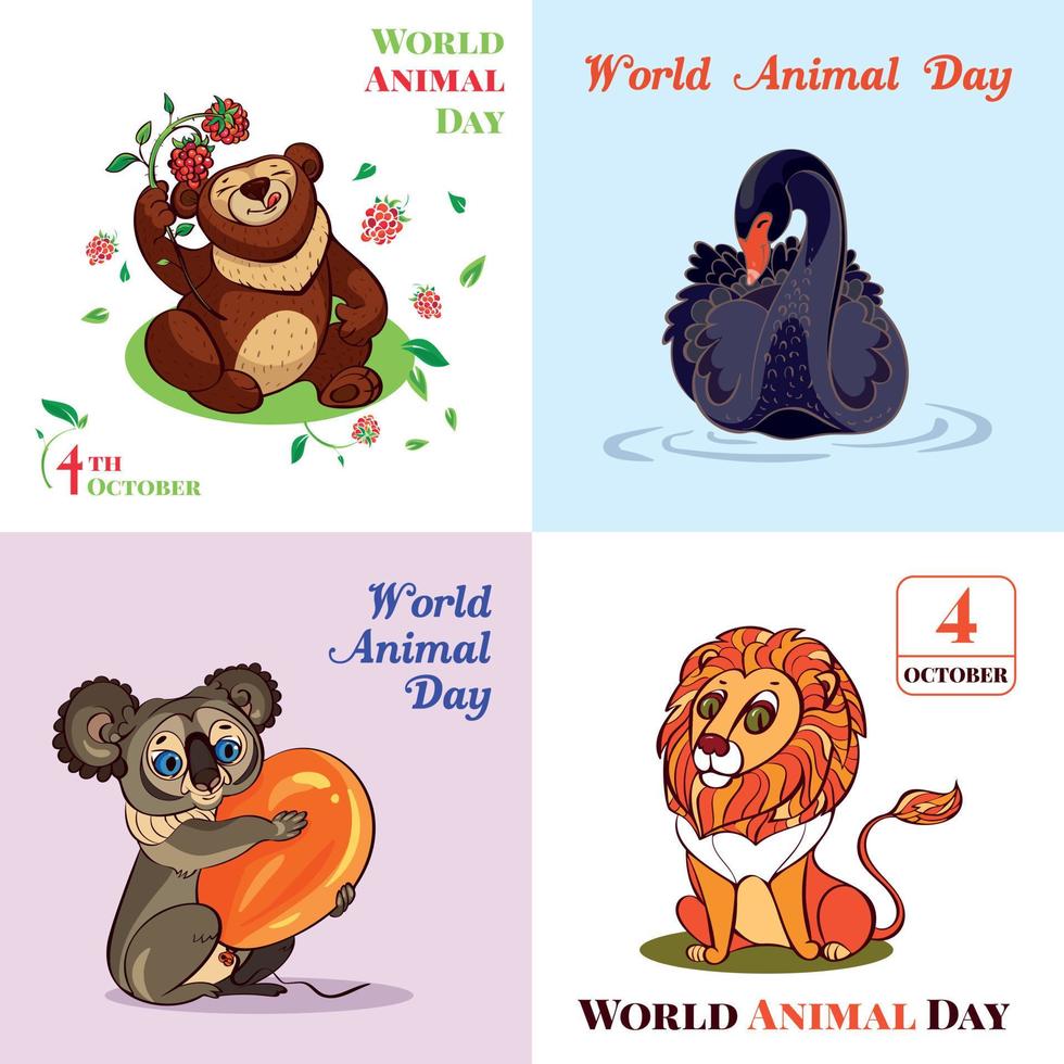 ensemble de bannières d'octobre de la journée mondiale des animaux, style cartoon vecteur