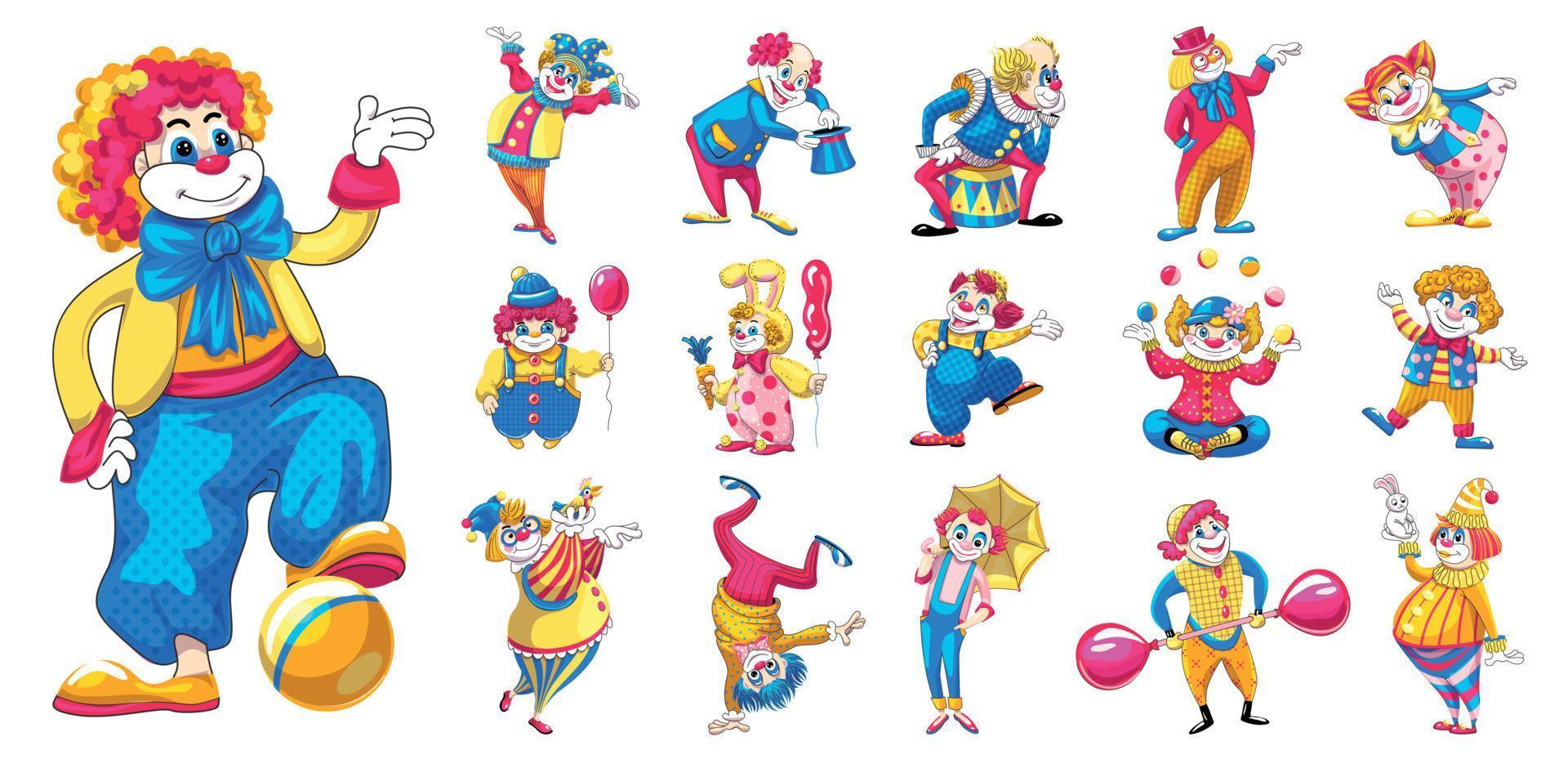 jeu d'icônes de clown, style dessin animé vecteur