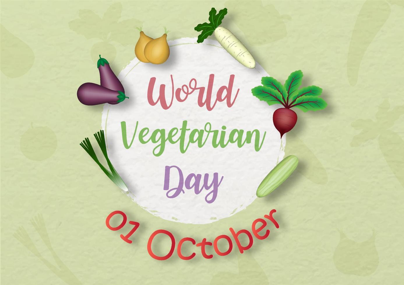 variété de légumes avec le jour et le nom de l'événement sur un cercle blanc et vert clair avec un fond de papier. carte et affiche de la campagne de la journée mondiale des végétariens en création vectorielle. vecteur