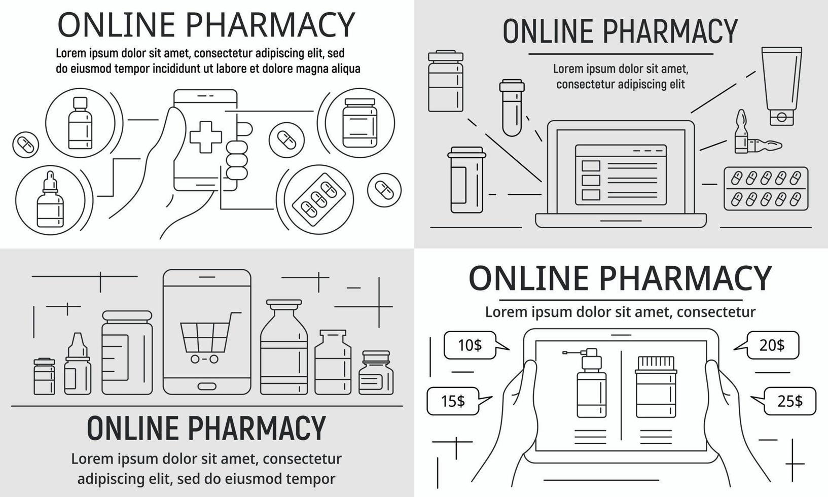 ensemble de bannières de pharmacie en ligne, style de contour vecteur