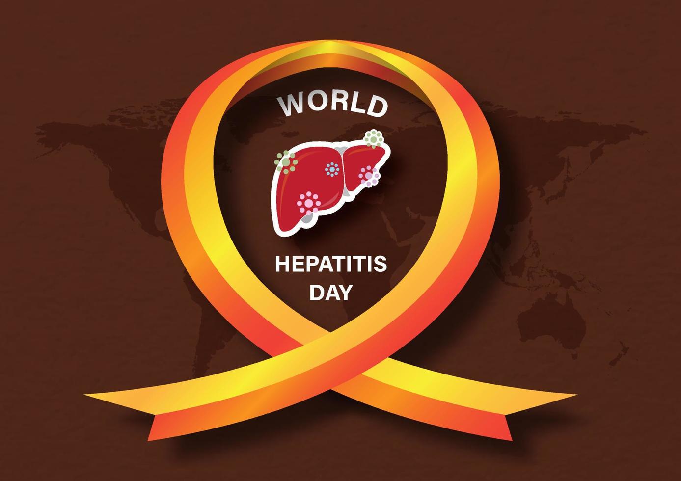 libellé de la journée mondiale de l'hépatite avec un foie humain et symbole du virus dans un ruban de campagne géant sur la carte du monde et sur fond marron. vecteur