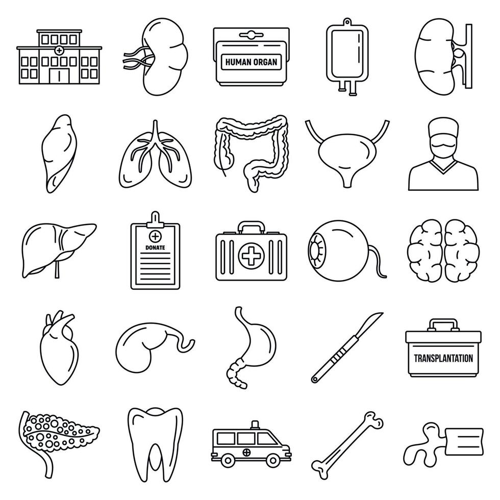 ensemble d'icônes d'organes de transplantation, style de contour vecteur