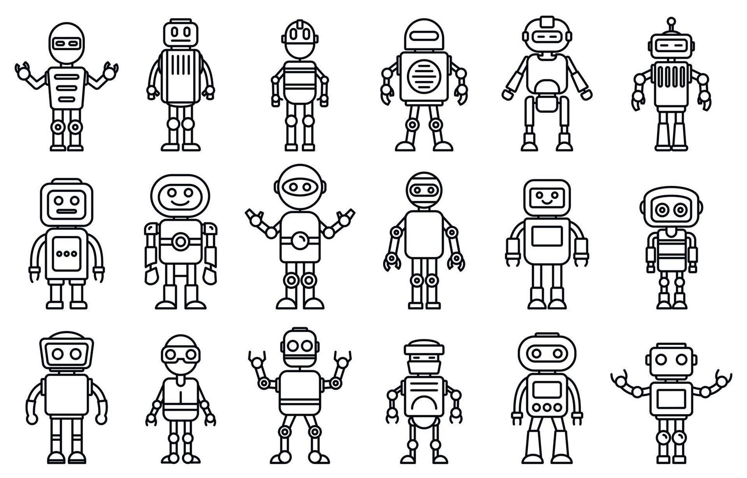 jeu d'icônes de robot humanoïde, style de contour vecteur