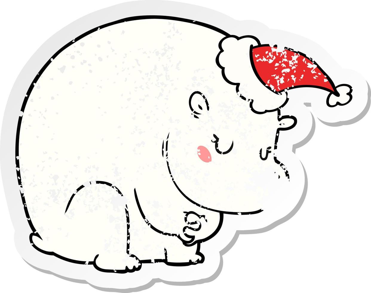 mignon dessin animé autocollant en détresse d'un ours polaire portant un bonnet de noel vecteur