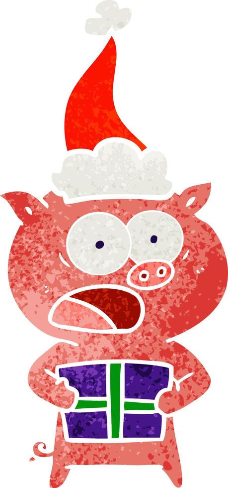 dessin animé rétro d'un cochon avec un cadeau de noël portant un bonnet de noel vecteur