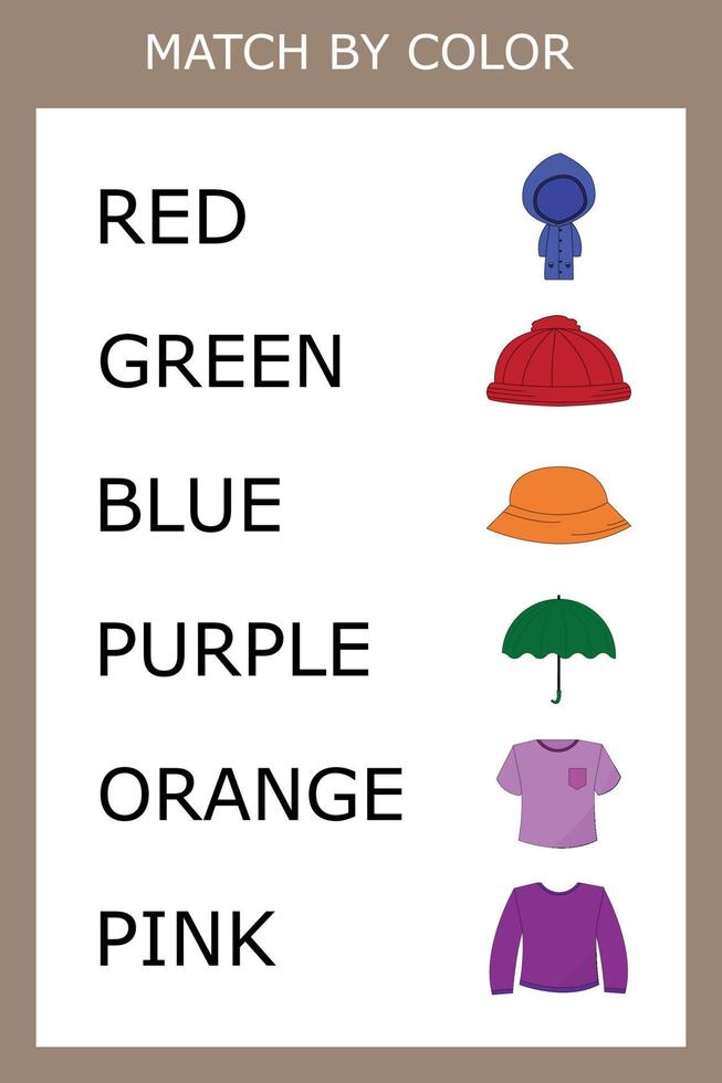 reliez le nom de la couleur et le caractère des vêtements. jeu de logique pour les enfants. vecteur