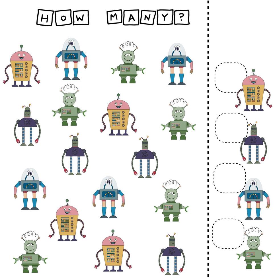 jeu de comptage pour les enfants d'âge préscolaire. compter combien de robots vecteur