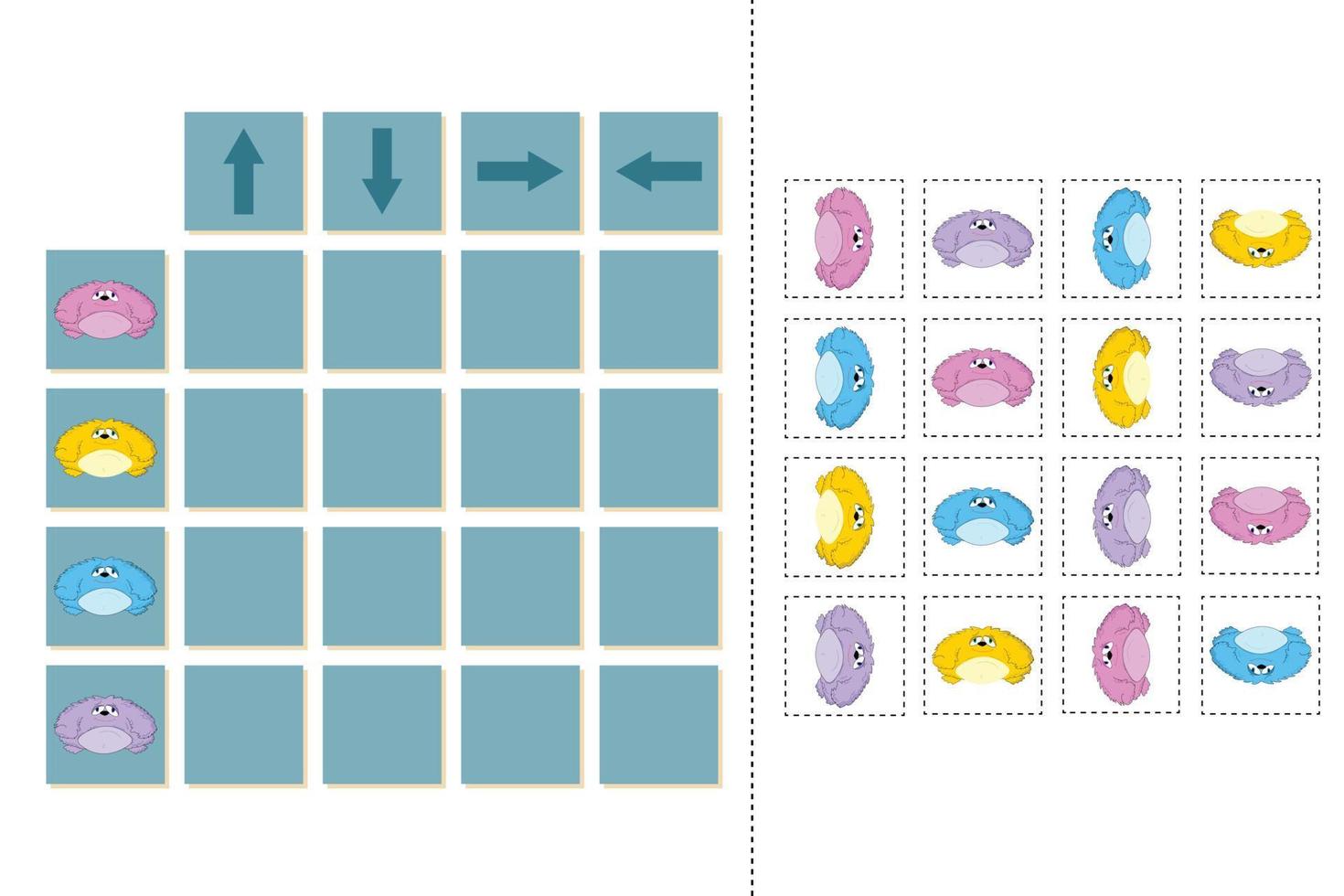 faites correspondre les monstres de dessins animés et les directions vers le haut, le bas, la gauche et la droite. jeu éducatif pour les enfants. vecteur